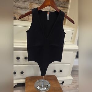 Mono B Sleek Black V- Plunge Neckline Ribbed Bodysuit